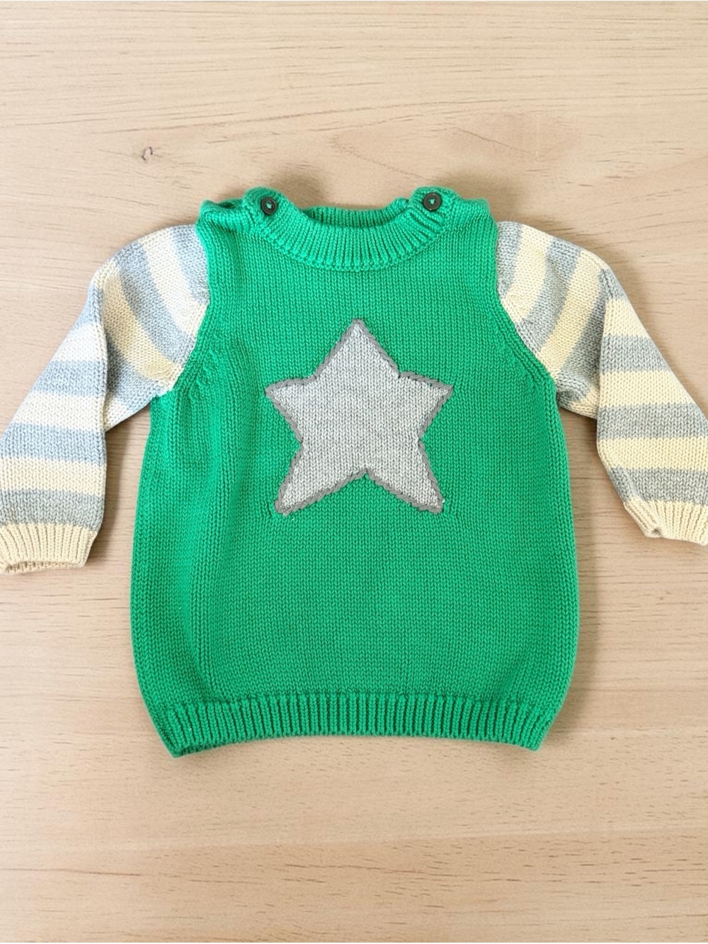 Baby Boden Green Knit Sweater with Gray Star and Striped Sleeves 6-12 months